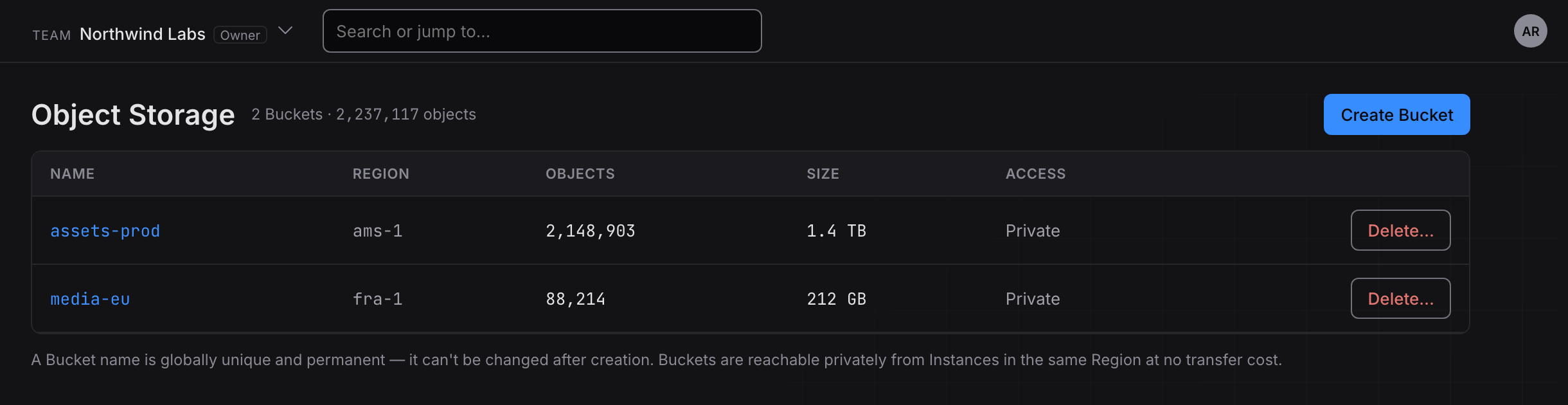 Object storage buckets in the Triton Cloud console, dark theme